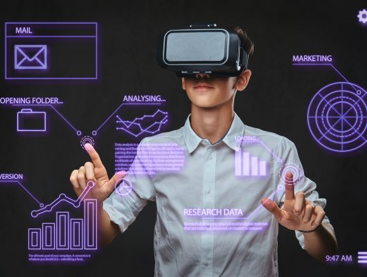 teenager dressed white t shirt using virtual reality glasses with graph charts numbers lines technology concept