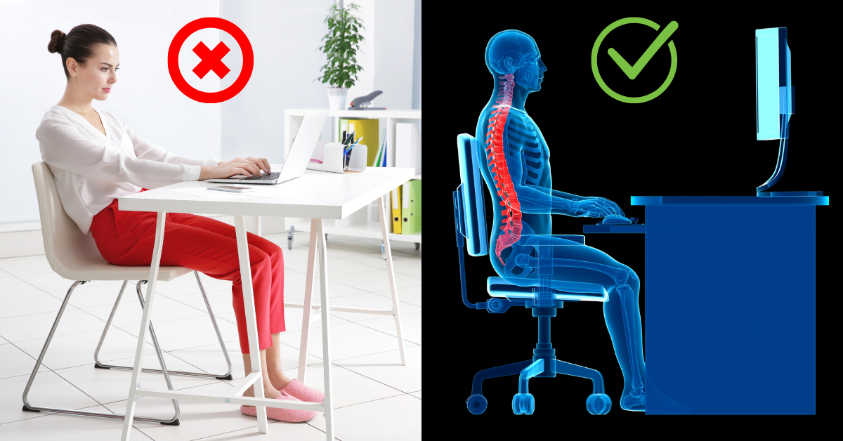 Imagen comparativa de cómo tener una postural corporal adecuada, para evitar tensiones.
